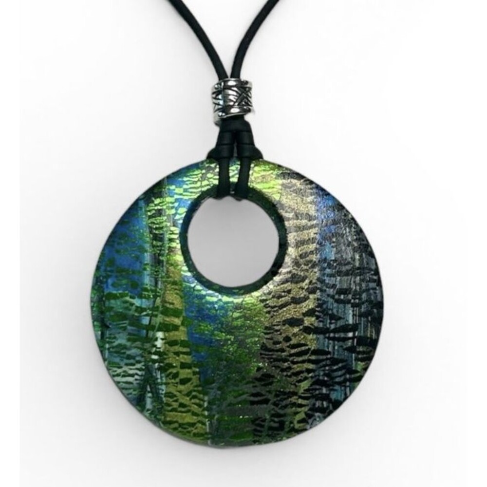 Handmade Metallic Blue, Green & Black Large Polymer Clay Pendant Necklace w Cord